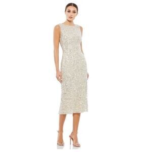 Mac Duggal NEW Size 14 5526 Silver Sleeveless Sequined Formal Midi Sheath Dress